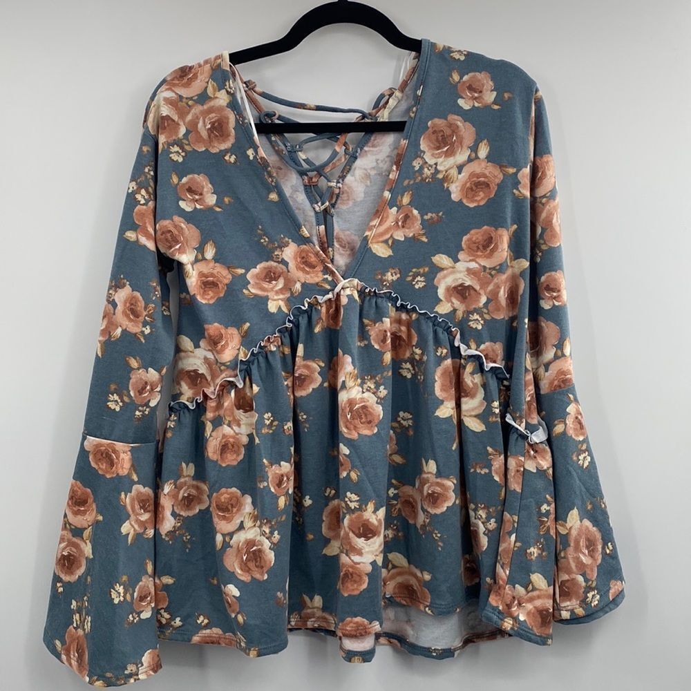 3For$20 Altar'd State Floral Tunic Baby Doll arms Teal and Rusty Pink size Large